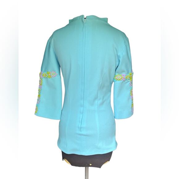 Vtg 70s Blue High Neck Modest Boho Coquette Colorful Floral Embroidered Blouse - Picture 5 of 5